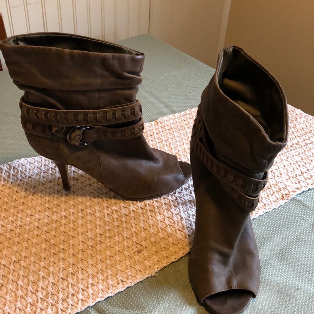 Tan, peep toe, ankle boot